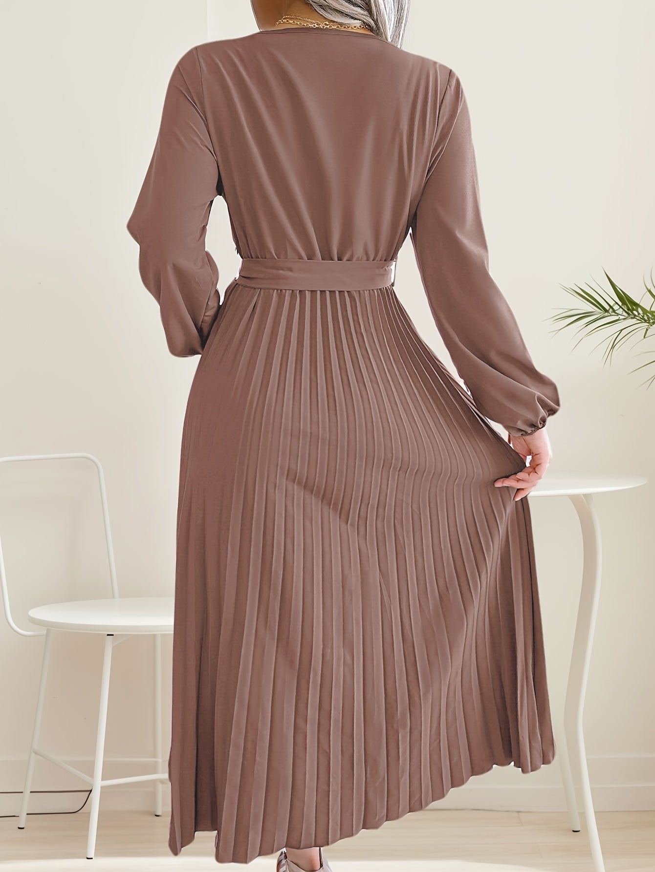 Womens Wrap Tie Dress Casual Fall V Neck Pleated Long Sleeve Solid Flowy Dress For Party Wedding Guest