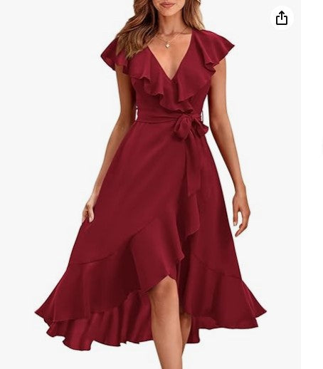 new V-neck short sleeve ruffled long temperament lace-up dress
