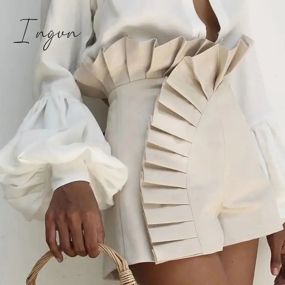 Ingvn - Women's Bottom Ruffle Hem Shorts Pleated High Waist Solid 2023 New Fashion Pant Elegant Summer Casual Female Clothing Outfits