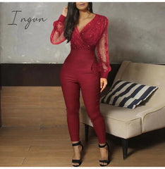 Ingvn - Rompers Womens Jumpsuit Black Elegant Sequins Mesh Glitter Party Night Sexy Spring Long Pants One Piece Clothes Overalls