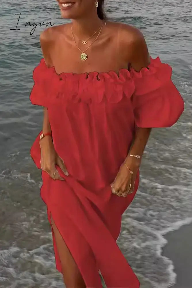 Ingvn - Sexy Solid Slit Fold Off the Shoulder Beach Dresses