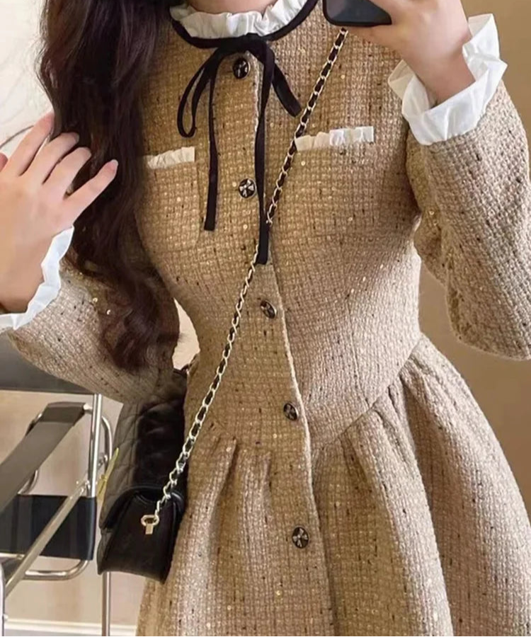Slim Waist Korean Style Women Dress New Ruffled Bow Single Breasted Fashion Female Mini Dresses Sweet Elegant Streetwear