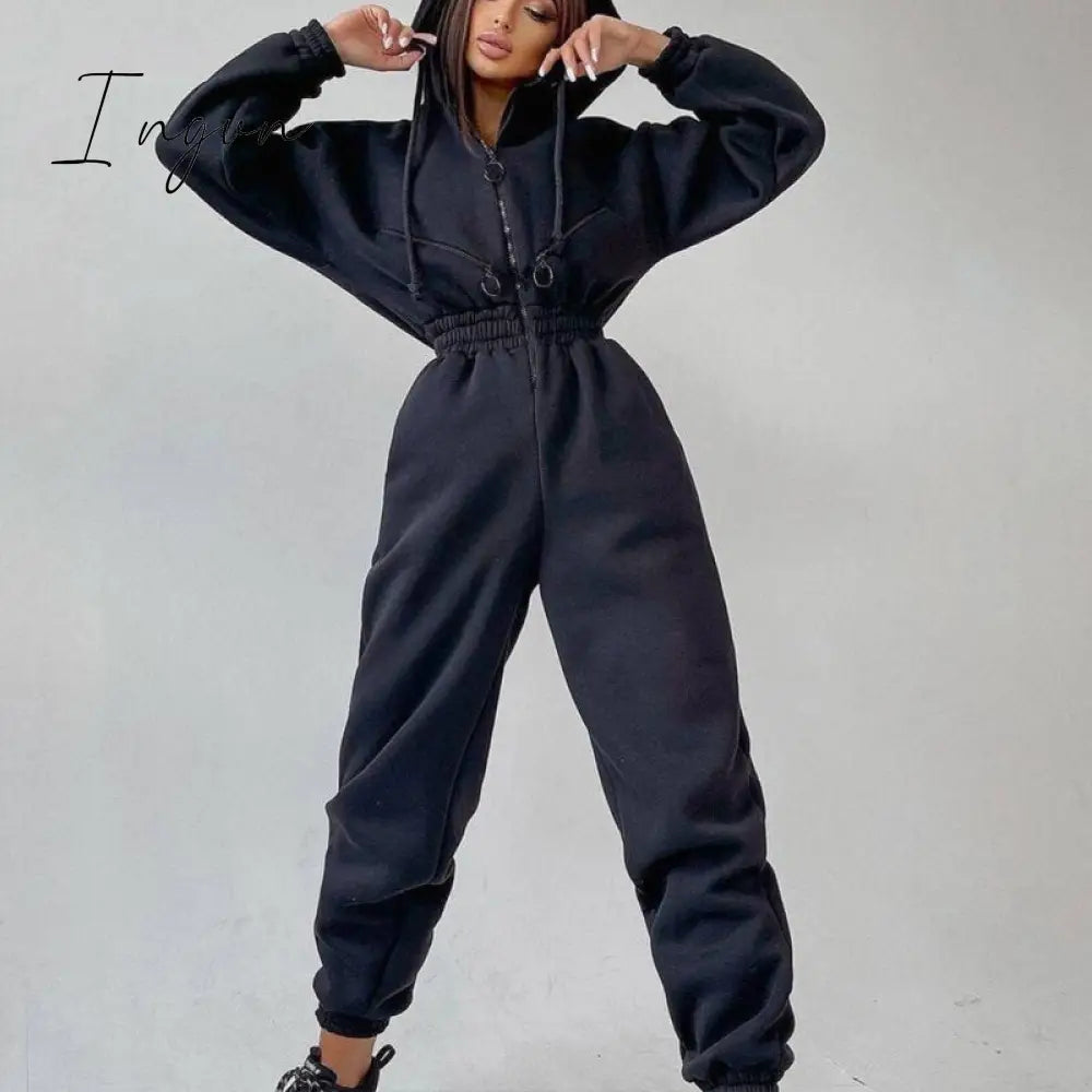 Ingvn - Casual Women Basic Hoodie Two Piece Sets Zipper Drawstring Jacket Outerwear And Elastic Pencil Pant Suit Autumn Winter Tracksuit