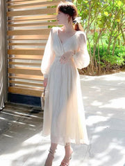 Vintage Elegant V-neck Pleated White Dresses for Women Summer Boho High Quality Party Femme Lantern Sleeve Fairy Princess Dress