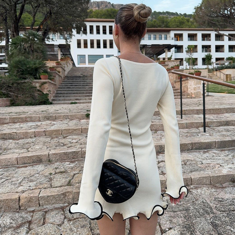 Contrast Color Wave Curl A Swing Long Sleeve Wool dress European and American Autumn New Slim-fit Skirt