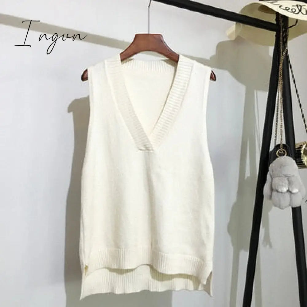 Ingvn - Autumn Women's Sweater Vest V-neck Sleeveless Irregular Casual Loose Knitted Pullover Tops Female Outerwear