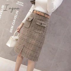 Ingvn - With Belt Autumn and Winter Houndstooth Skirt Women's Split Long Woolen Tartan Skirt Woman Skirts Mujer Faldas Saias Mulher