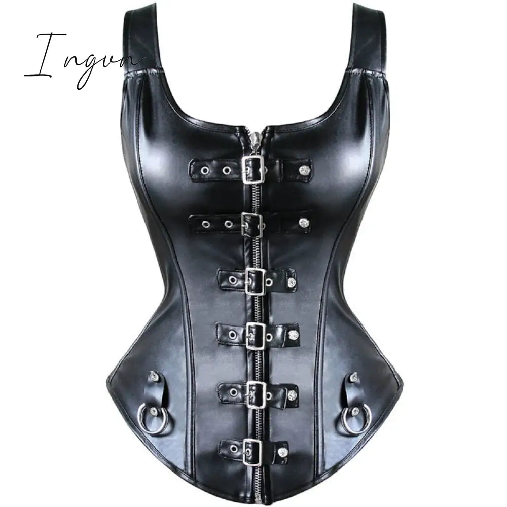 Ingvn - Faux Leather Corset Top Shoulder Strap Corselet Black Zipper Buckled Bustier Waist Trainer Vest Corset Overbust Women Steampunk
