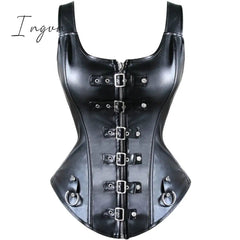 Ingvn - Faux Leather Corset Top Shoulder Strap Corselet Black Zipper Buckled Bustier Waist Trainer Vest Corset Overbust Women Steampunk