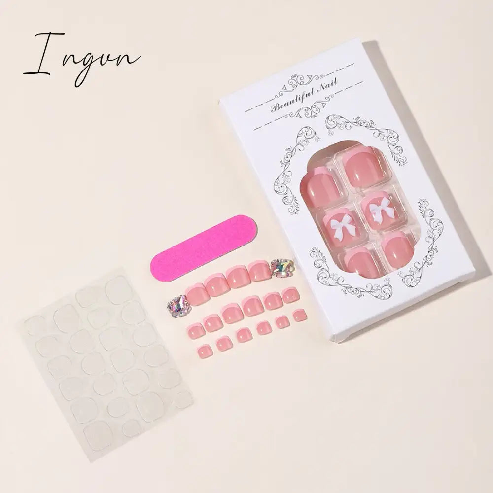 24pcs French Pink False Toenails White Bow Design Summer Press On Nail for Feet Wearable Square Fake Nails Patch Manicure Set