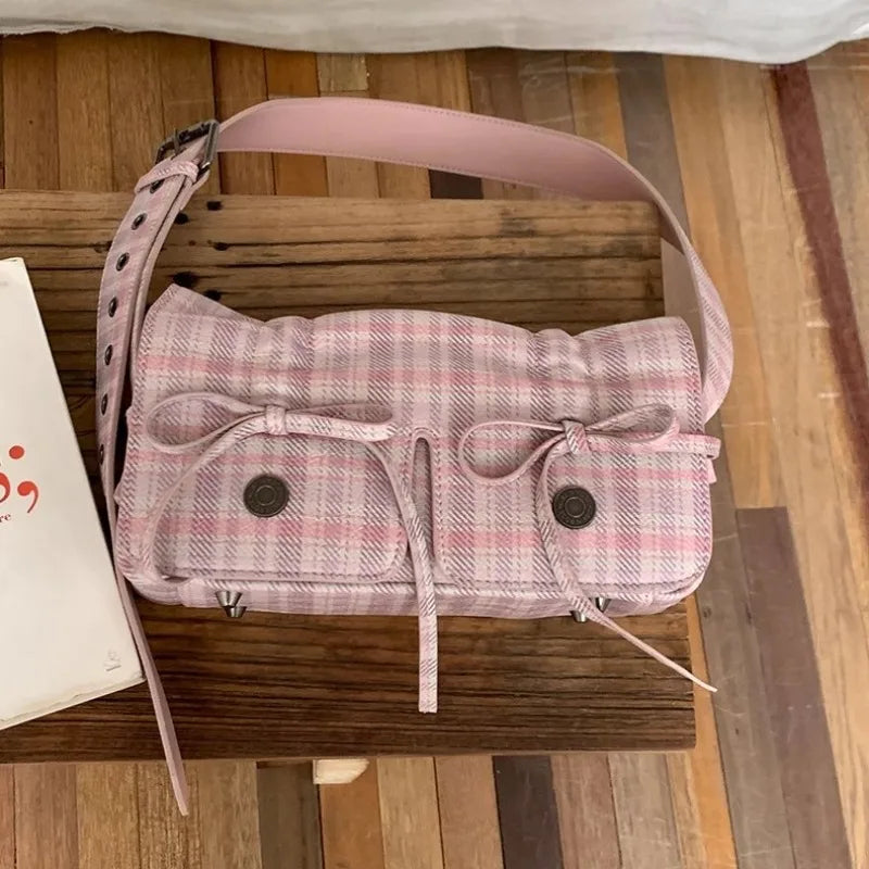 INGVN   Plaid Pink Women Shoulder Bag Pleated Casual Sweet Cute New Fashion Leather Handbag Literary Exquisite Designer Armpit Bag