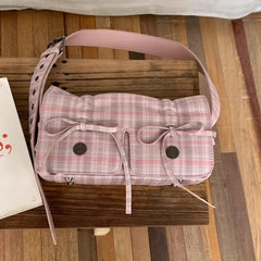 INGVN   Plaid Pink Women Shoulder Bag Pleated Casual Sweet Cute New Fashion Leather Handbag Literary Exquisite Designer Armpit Bag