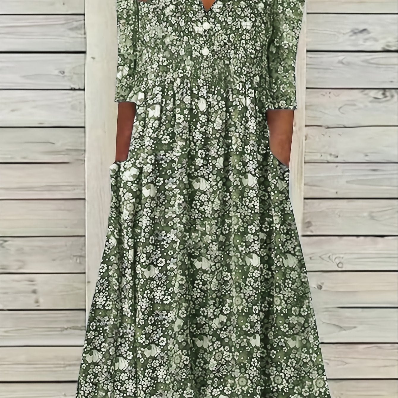 Vibrant Ditsy Floral V-Neck Dress - Comfy Ruched Design with Handy Pockets - Perfect for Summer Casual Outings, Women’s Fashion
