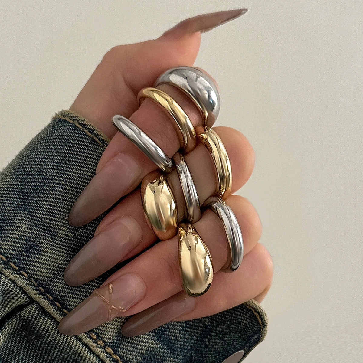 INGVN  8Pcs/Set Creative Smooth Water Drop Rings for Women Vintage Geometric Adjustable Open Finger Nail Ring Couple Wed Accessories