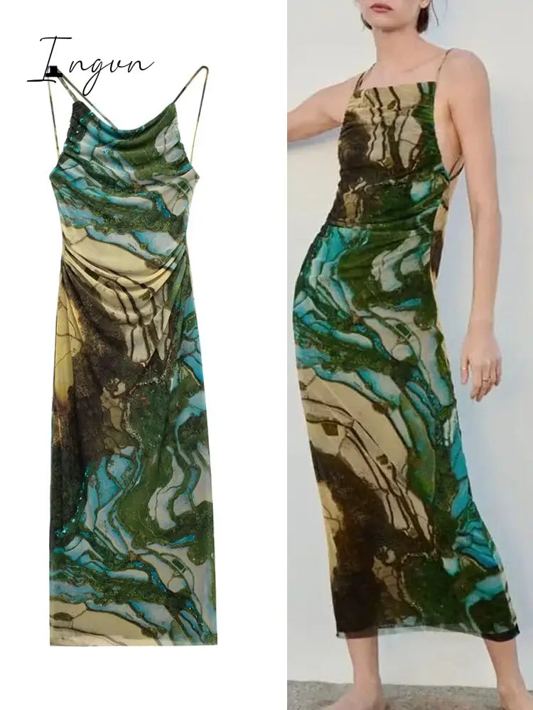 Ingvn - High Quality Bodycon Mesh Dress Women Green Printing Maxi Dress Sexy for Celebrity Evening Club Night Dresses