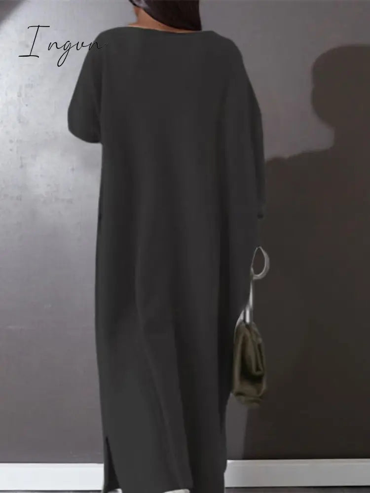 Ingvn - Women's Plus Size Casual Dress Solid Color V Neck Long Sleeve Winter Fall Basic Casual Maxi long Dress Daily Vacation Dress