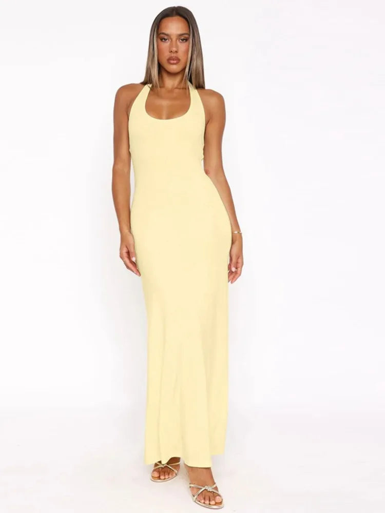 Halter Backless Sexy Maxi Dress Women Gown Summer New Solid U Neck Sleeveless High Waist Long Dress Elegant