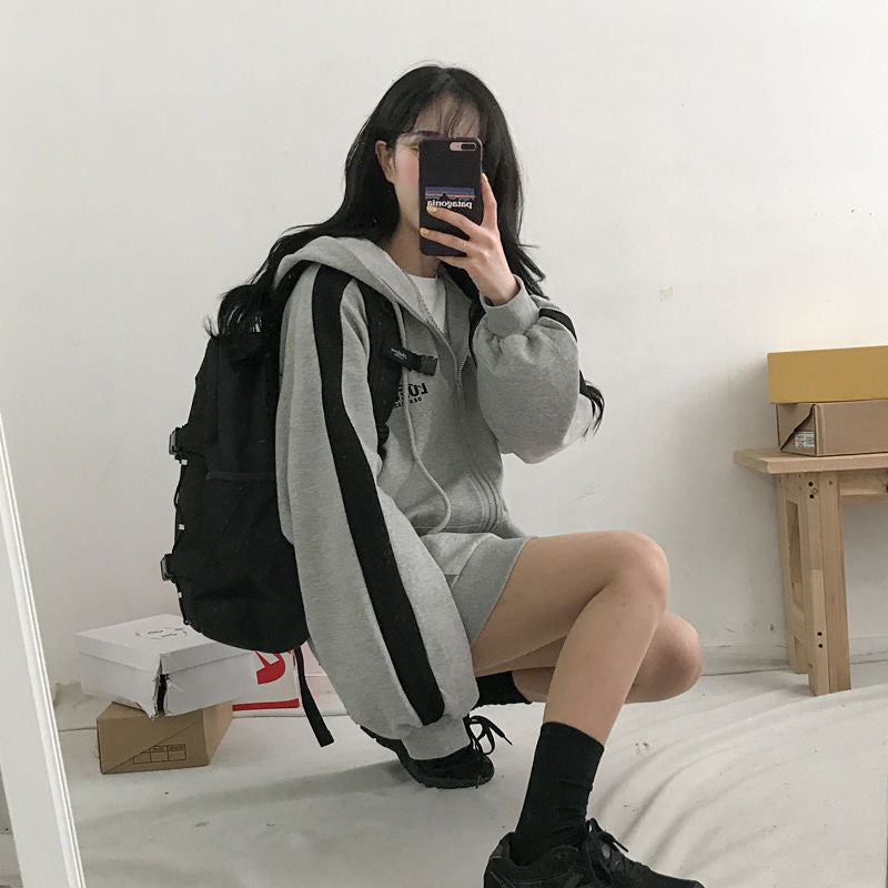 VOGUABLE  Women Hoodies Harajuku Korean Version Zip Up Loose Oversized Sweatshirts Casual Solid Color Long Sleeve Hooded Sweatshirt Coats
