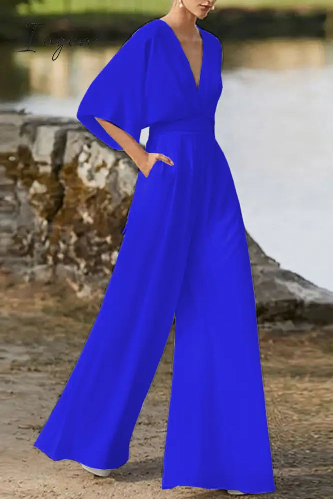 Ingvn - Elegant Solid Color V Neck Boot Cut Jumpsuits(7 Colors)