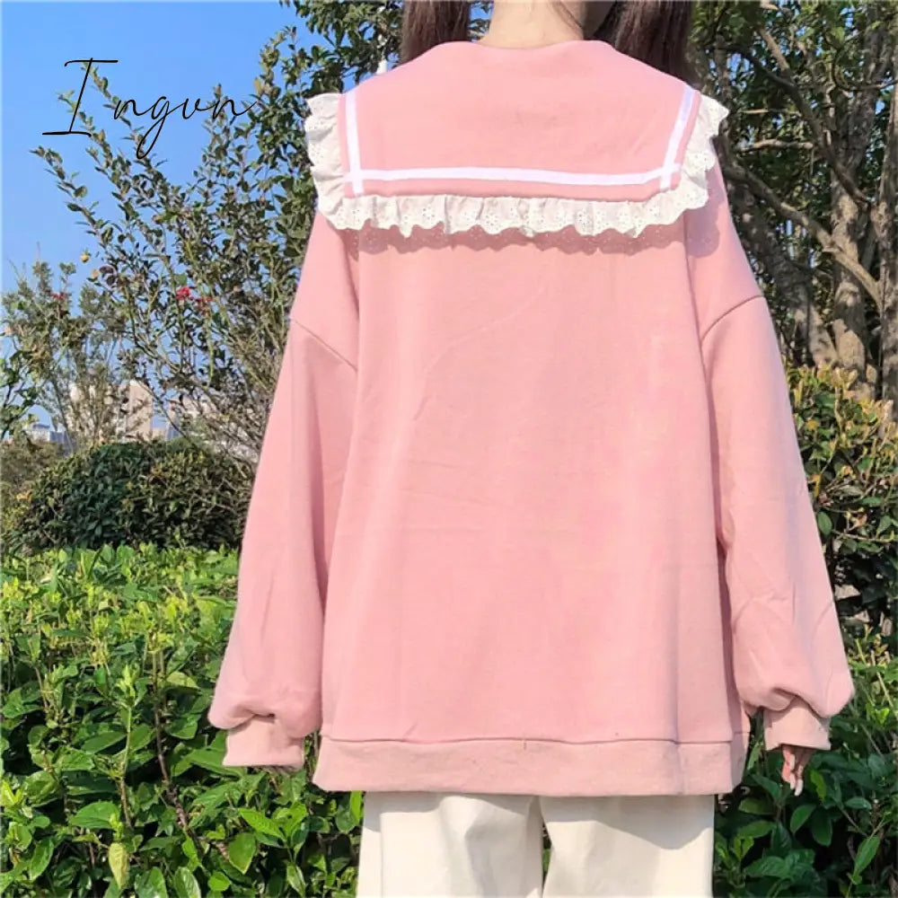 Ingvn - Autumn Sweet Women Hoodies Loose Hooded Sailor collar Cute Lace patchwork female Zip up hoodies NEW