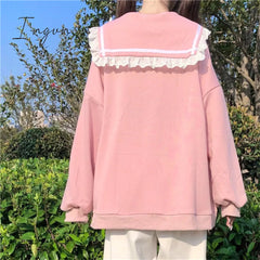 Ingvn - Autumn Sweet Women Hoodies Loose Hooded Sailor collar Cute Lace patchwork female Zip up hoodies NEW
