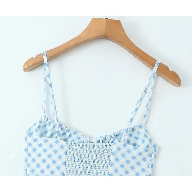 Summer Women Sexy Thin Straps Blue White Plaid Sling Dresses Midi Long Pencil Dress Holiday Robe