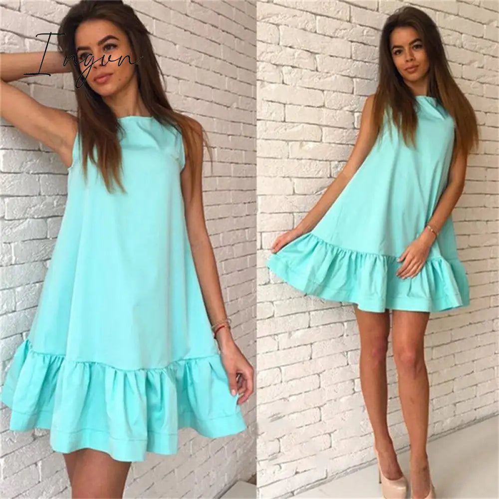 Ingvn - Women Female Short Sleeve Loose Mini Short A-line Dresses Summer Beach Casual Dress Candy Color S-XXL