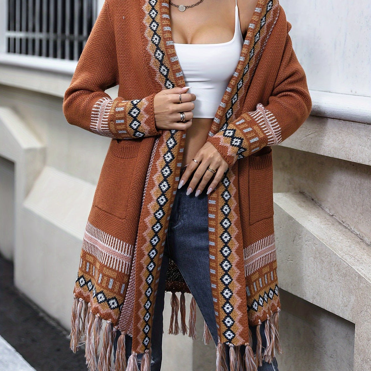 Vibrant Geo Pattern Tassel Hem Cardigan - Long Sleeve, Retro Ethic Style, Soft and Cozy, Perfect for Fall and Winter, Women's Fashion Clothing for Chic and Confident Ladies
