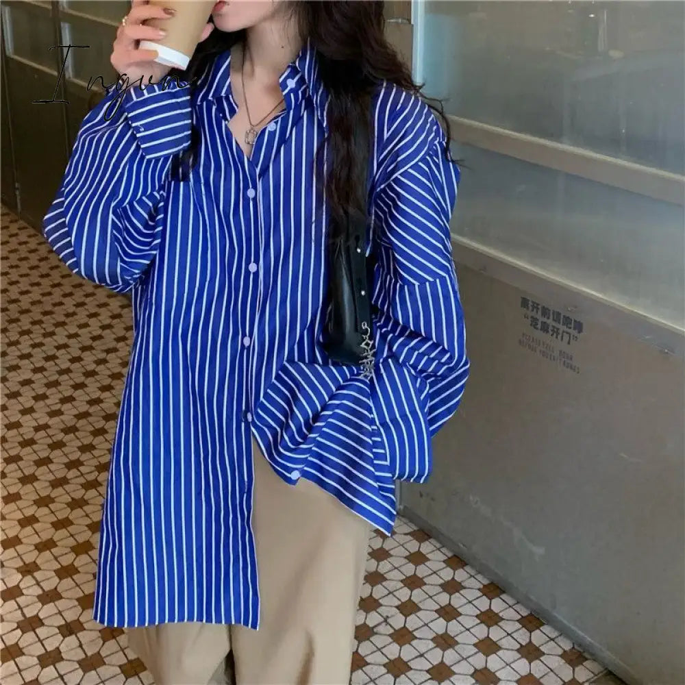 Ingvn - Deeptown Striped Women Blouses Basic Vintage Chic Long Sleeve Shirts Korean Fashion Old Money Style Casual Tops Office Wear