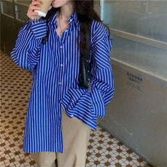 Ingvn - Deeptown Striped Women Blouses Basic Vintage Chic Long Sleeve Shirts Korean Fashion Old Money Style Casual Tops Office Wear