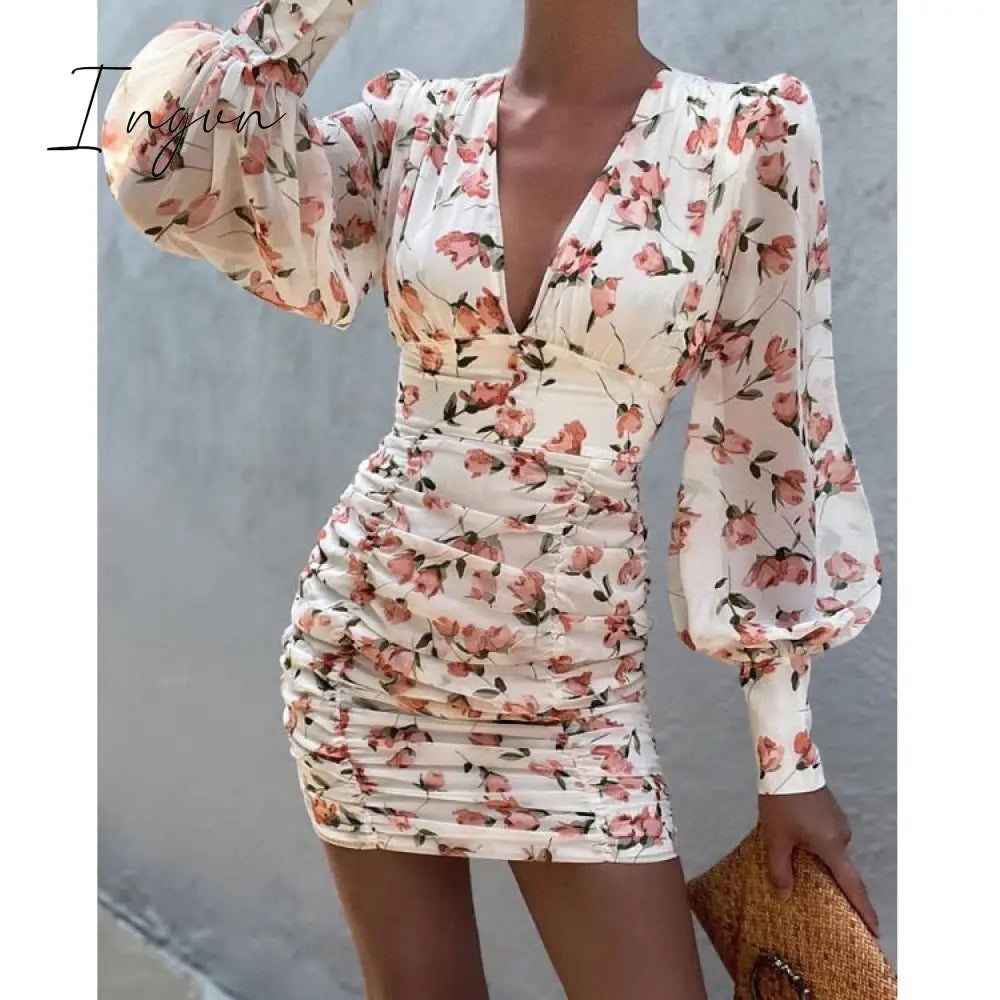 Ingvn - Women Sexy Deep V Neck Floral Print Long Lantern Sleeve Ruched Dress Summer Elegant Female Bodycon Party Dress Vestido