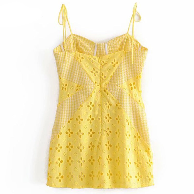 Voguable  Women Yellow Lace Trim Spaghetti Strap Bodycon Mini Dress Romantic Lady Backless Sleeveless Party Club Sexy Dress
