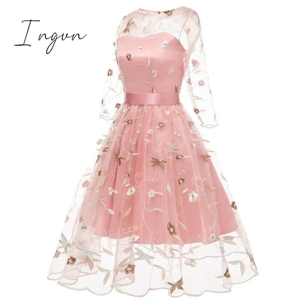 Ingvn - Spring Outfits New Summer Floral Print Embroidery Tulle Female Dress Sweet Elegant High Waist Lace Up A-line Mesh Women Dresses 2XL