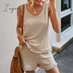 Ingvn - Summer Beach Two Piece Set Women tassel Tracksuit Loungewear Casual Sleeveless Tops + Slim Shorts Suit Elegant Woman Set Outfits
