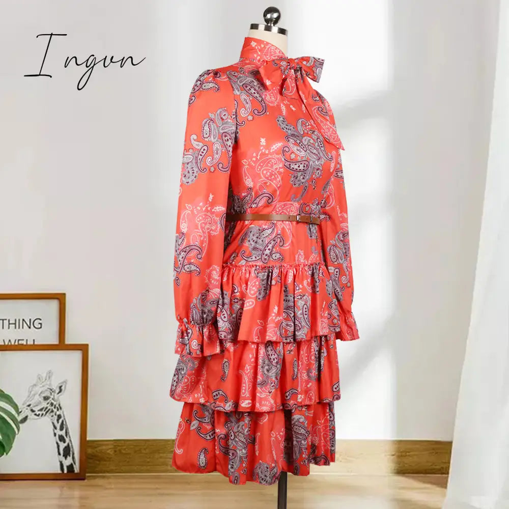 Ingvn - Women Printed Dresses Long Sleeves Bowtie Cake Dress Female Ruffles Pleated Africn Fashion Lovely Date Sweet Vestidos Plus Size