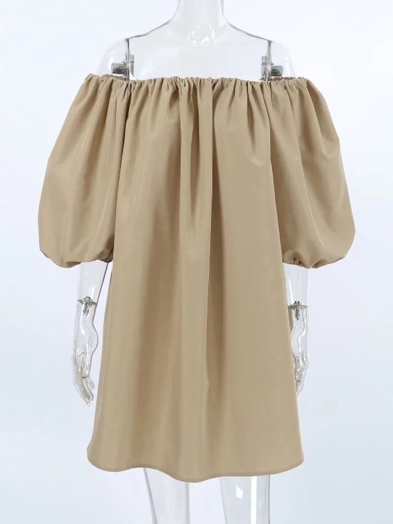 Ingvn  Sexy Slash Neck Off Shoulder Khaki Short Dress High Street Fashion Casual Woman Clothing Summer Puff Sleeve Solid Party Dresses