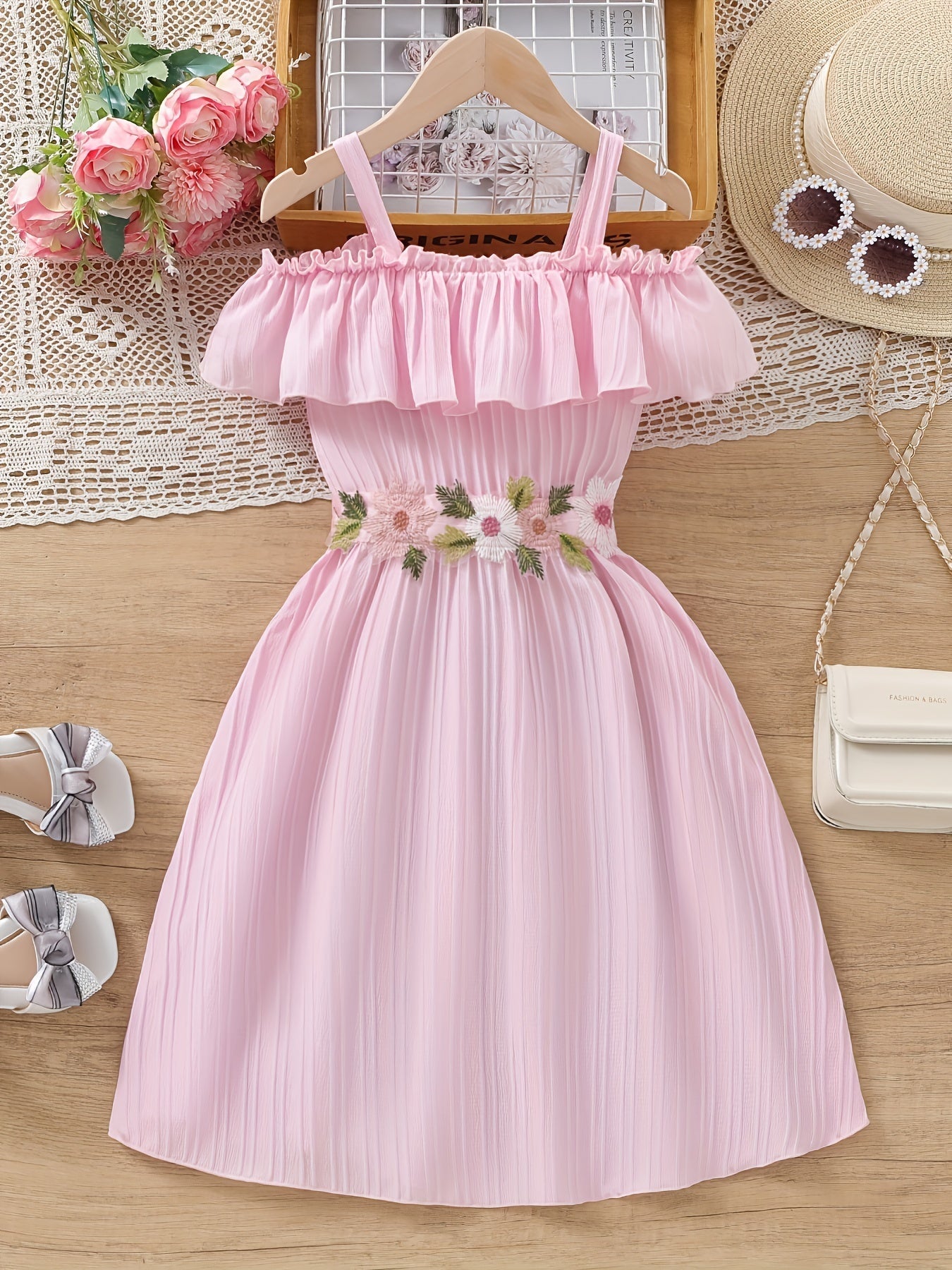 Charming Floral Ruffle Off-Shoulder Suspender Dress - Casual, Elegant, Spring and Summer Essential for Girls - Embroidered Flower Design, Comfortable and Versatile