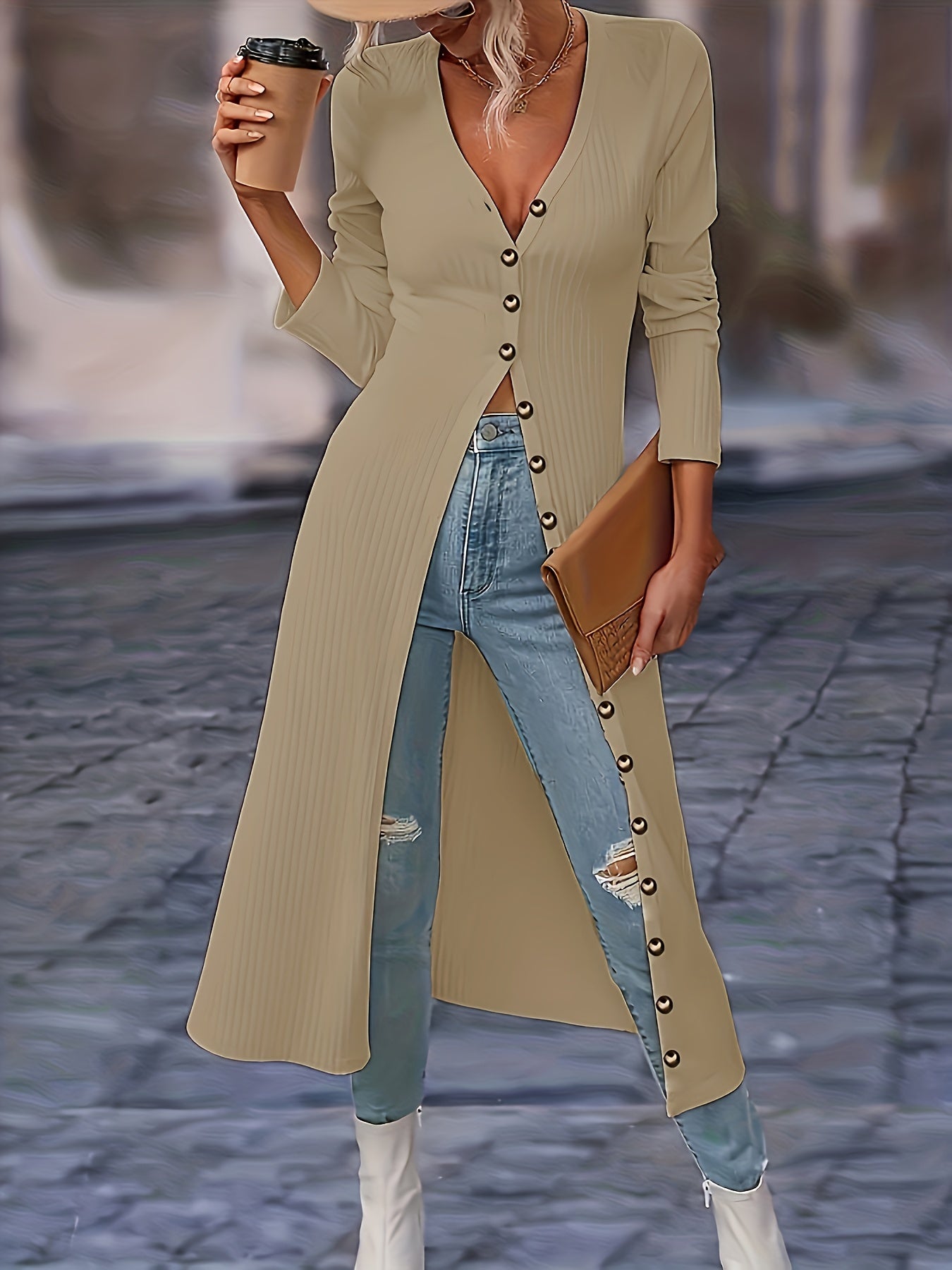 Womens Chic Solid Knit Cardigan - Soft Button Down, Long Sleeve, Slim Fit, Long Length - Perfect for Layering, Elegant Casual Wear