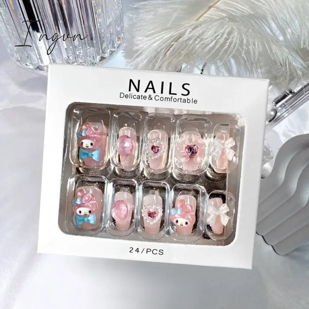 24PCS/Set Long Oval False Nails 3D Heart Sparkling French Press On Nails Pink Full Cover Fake Nail Crystal Gem Design Nails Tips