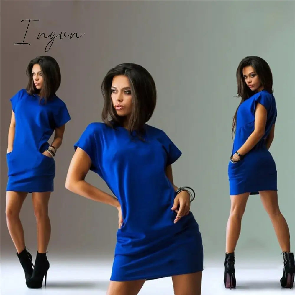 Ingvn - Women Female Short Sleeve Loose Mini Short A-line Dresses Summer Beach Casual Dress Candy Color S-XXL