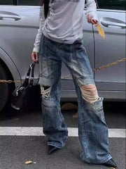 Ingvn  Women's Vibe Dirty Distressed Blue Jeans Summer Cool Girl Wide-leg Denim Trousers Vintage Bottoms Female High Waisted Pants