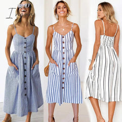 Ingvn - Boho Sexy Floral Dress Summer Vintage Casual Sundress Female Beach Dress Midi Button Backless Polka Dot Striped Women Dress
