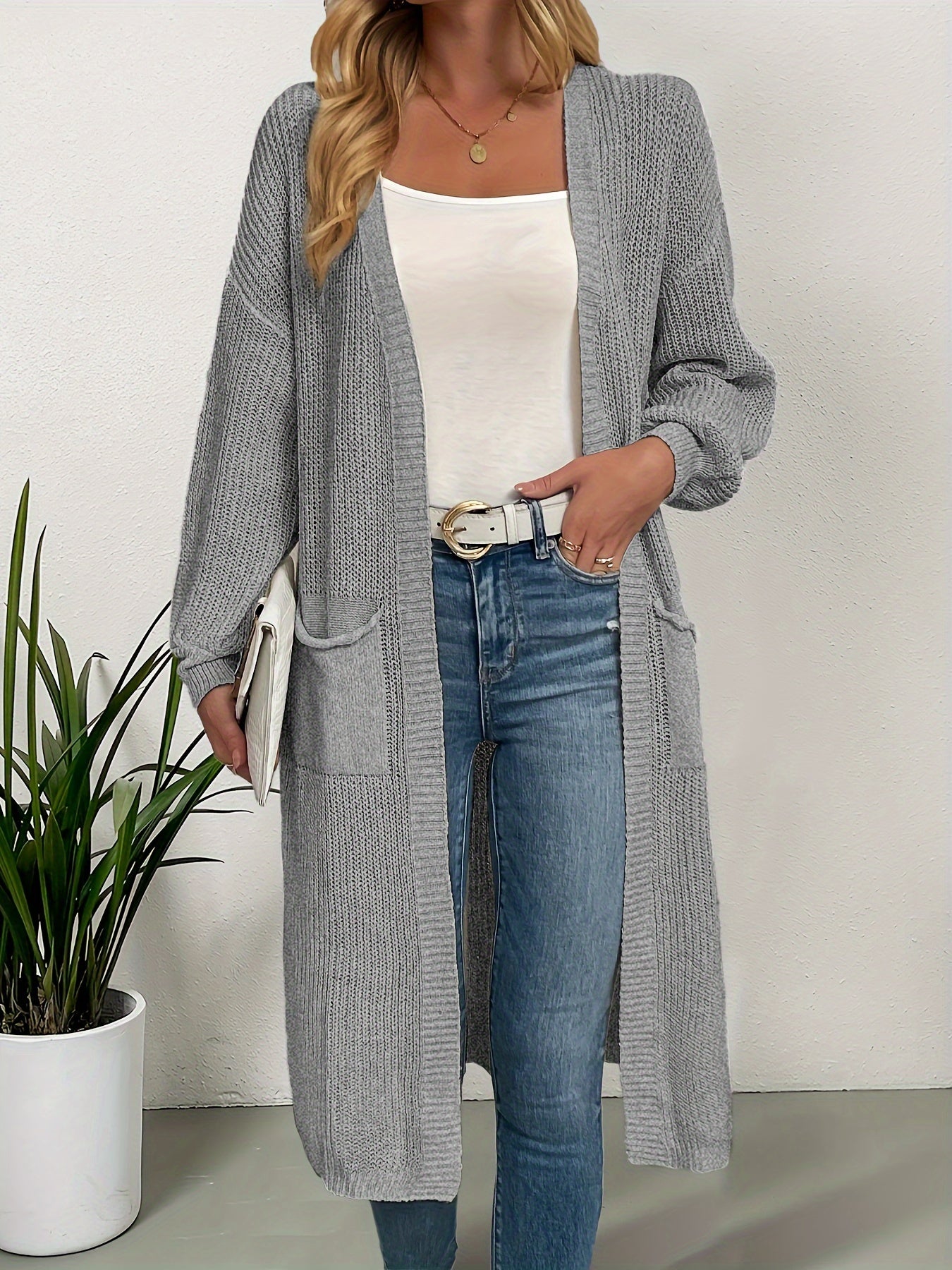 Elegant Warm Knit Cardigan for Women - Solid Color, Long Sleeve & Length, Durable and Cozy for Fall/Winter
