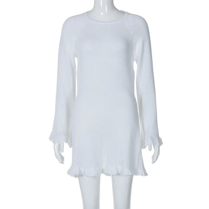 Ingvn  Fashion Casual Lace-up Backless Long Sleeve Sweater Dress Women's Autumn Hollow Out Knitting Short Holiday Party White Dresses