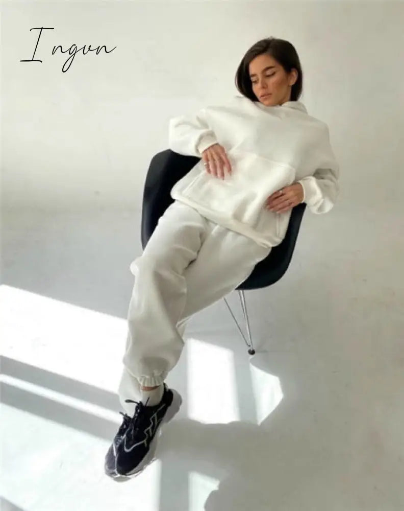 Ingvn - 2 Piece Set Women Spring Autumn Tracksuit Solid Hooded Sweatshirt Top And Wide Leg Pants Suits Loose Casual Fashion Sportswear