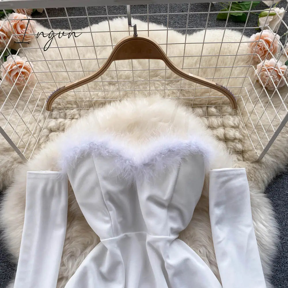 Ingvn - Gifts For Women Elegant Dress For New Year Strapless Backless Furry Sexy Short Mini Christmas Dress Navidad Red Party Dress Femme