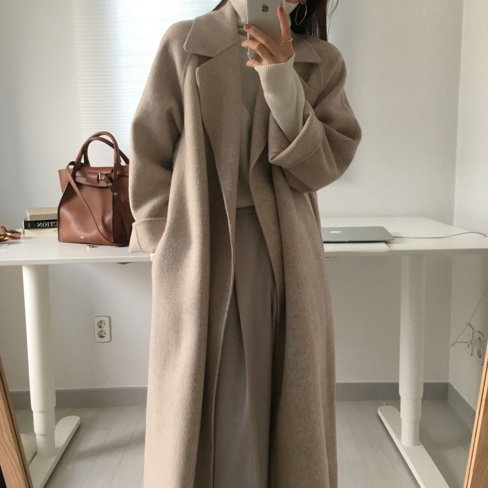 Autumn Winter Thicken Loose Wool & Blend Coats Women Elegant Lapel Full Sleeve Lace-up Oversized Female Outwear