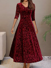 Vibrant Polyester Long Sleeve V-Neck Flared Dress - Elegant, High-Elasticity, Random Print, Machine Washable, All-Season Apparel for Women - Perfect for Spring and Fall Occasions