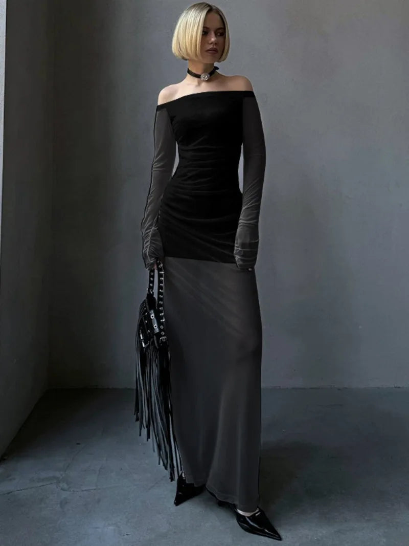Ingvn  Womens Elegant Slash Neck Long Sleeve Mesh Dress  Sexy Female See Through High Waist Folds Slim Fit Long Dresses White Black