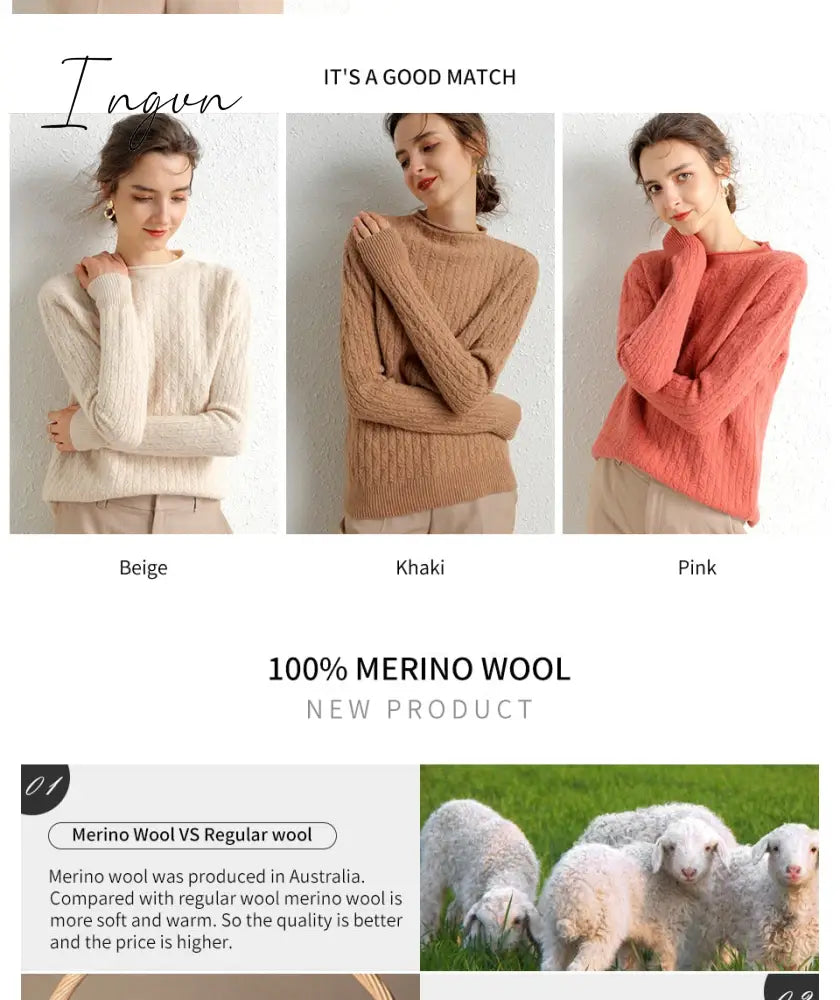 Ingvn - 100% Merino Wool Cashmere Sweater Women Winter Warm O-Neck Long Sleeve Ladies Pullover knitted Autumn Jumper Vintage Sweater